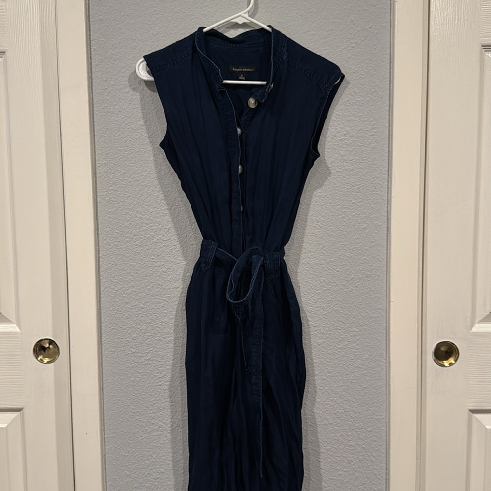 Banana Republic Utility Jumpsuit Sleeveless Chambray Denim Button Tie Pickets - Picture 6 of 14